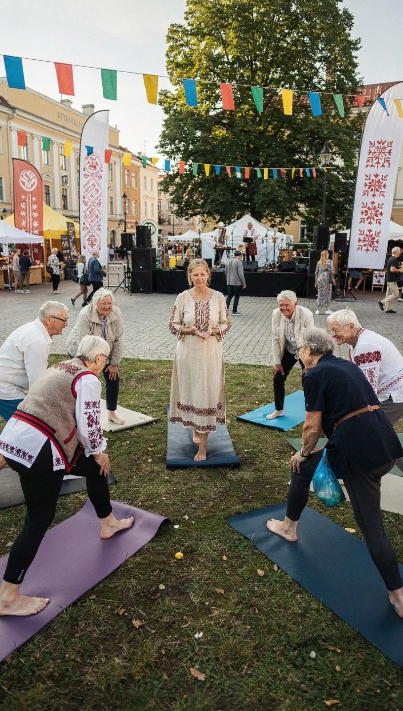 Gados vecāku cilvēku jogas nodarbība grupā, kas veicina kopīgu kustību un relaksāciju.